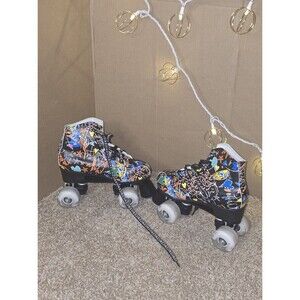 Double Row Flash Wheel Graffiti Skates  Leather Roller Skates Sz 35